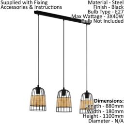 Loops Hanging Ceiling Pendant Light Black & Wicker 3x 40W E27 Hallway Feature Lamp - thumbnail 2