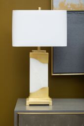 Orsina White Marble Table Lamp with Gold Plated Frame, Pedestal Base with Ivory Shade, Lighting for Bedroom - thumbnail 2