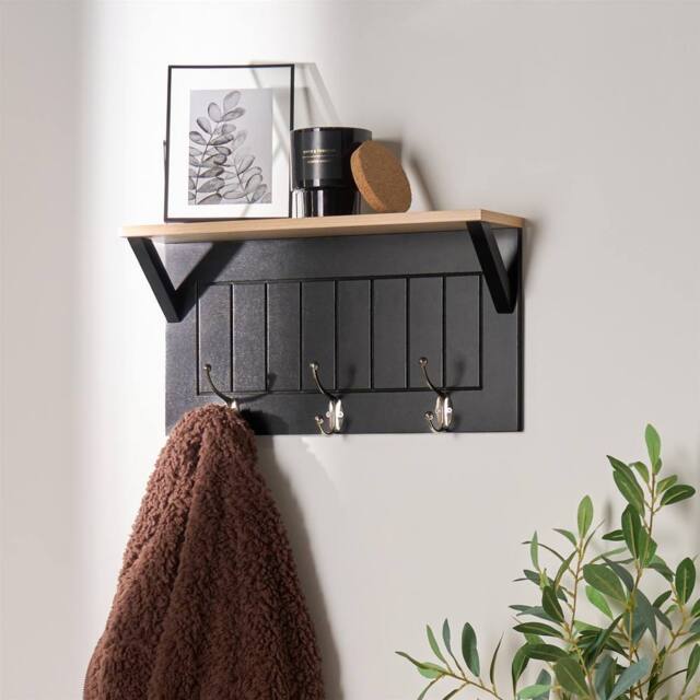 OHS Wall Shelf Coat Rack Wood Effect Floating Display Unit in Black - image 1