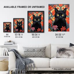 "Artery8 Stylish Black Cat On Red Flowers Floral Design Illustration Lucky Witch Unframed Wall Art Print Poster Home Decor Premium - Size: W12"" x H16""" - thumbnail 3