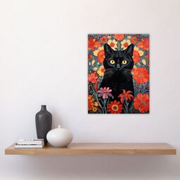 "Artery8 Stylish Black Cat On Red Flowers Floral Design Illustration Lucky Witch Unframed Wall Art Print Poster Home Decor Premium - Size: W12"" x H16""" - thumbnail 4