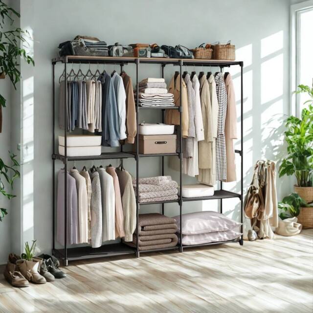 Pirlo Plush Metal Clothes Rail Open Wardrobe With Storage Shelves Black - image 1
