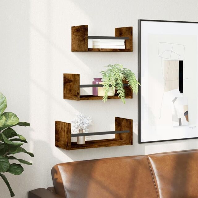 Berkfield Home 3 Piece Wall Shelf Set with Bars Smoked Oak Engineered wood in Brown - image 1