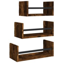 Berkfield Home 3 Piece Wall Shelf Set with Bars Smoked Oak Engineered wood in Brown - thumbnail 2