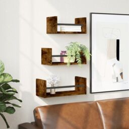 Berkfield Home 3 Piece Wall Shelf Set with Bars Smoked Oak Engineered wood in Brown - thumbnail 1