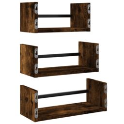 Berkfield Home 3 Piece Wall Shelf Set with Bars Smoked Oak Engineered wood in Brown - thumbnail 6