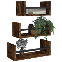 Berkfield Home 3 Piece Wall Shelf Set with Bars Smoked Oak Engineered wood in Brown - thumbnail 3