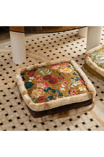 Living and Home Bohemian Floral Furry-Edged Thick Padded Cushion in Brown - Size: 45 cm x 45 cm - image 1