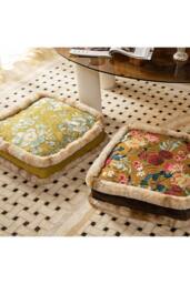 Living and Home Bohemian Floral Furry-Edged Thick Padded Cushion in Brown - Size: 45 cm x 45 cm - thumbnail 2