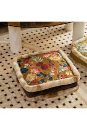 Living and Home Bohemian Floral Furry-Edged Thick Padded Cushion in Brown - Size: 45 cm x 45 cm - thumbnail 1