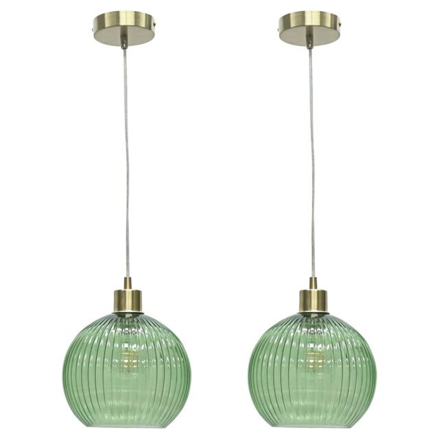 First Choice Lighting Set of 2 Betchley - Green Ribbed Glass Globe with Satin Brass Pendants - image 1