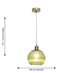 First Choice Lighting Set of 2 Betchley - Green Ribbed Glass Globe with Satin Brass Pendants - thumbnail 8