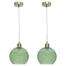 First Choice Lighting Set of 2 Betchley - Green Ribbed Glass Globe with Satin Brass Pendants