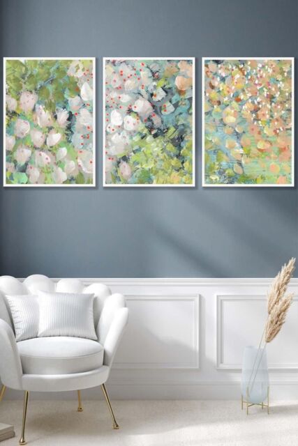ARTZE Set of 3 White Framed Abstract Cottage Garden Flowers in Green Wall Art - Size: W33 cm x H45 cm x D20mm - image 1
