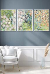ARTZE Set of 3 White Framed Abstract Cottage Garden Flowers in Green Wall Art - Size: W33 cm x H45 cm x D20mm - thumbnail 1
