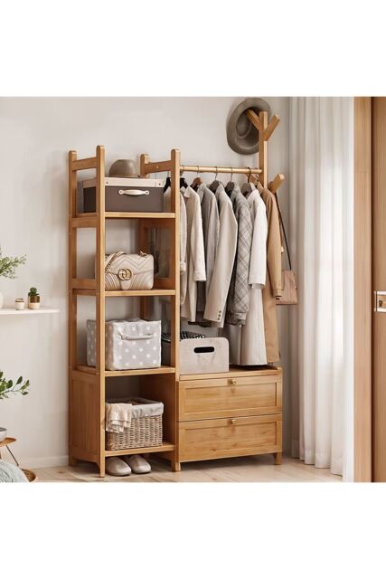 Living and Home Freestanding Bamboo Clothes Rack Garment Rack with Storage Shelves Coat Hanger Hanging Rod in Natural - image 1