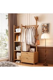 Living and Home Freestanding Bamboo Clothes Rack Garment Rack with Storage Shelves Coat Hanger Hanging Rod in Natural - thumbnail 7