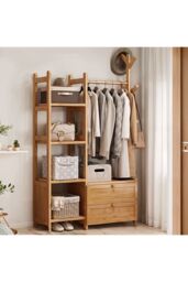 Living and Home Freestanding Bamboo Clothes Rack Garment Rack with Storage Shelves Coat Hanger Hanging Rod in Natural