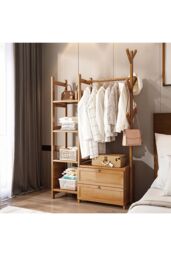 Living and Home Freestanding Bamboo Clothes Rack Garment Rack with Storage Shelves Coat Hanger Hanging Rod in Natural - thumbnail 3