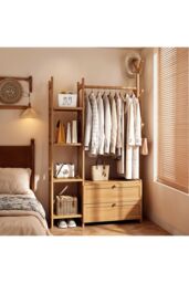 Living and Home Freestanding Bamboo Clothes Rack Garment Rack with Storage Shelves Coat Hanger Hanging Rod in Natural - thumbnail 2