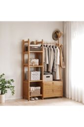 Living and Home Freestanding Bamboo Clothes Rack Garment Rack with Storage Shelves Coat Hanger Hanging Rod in Natural - thumbnail 8