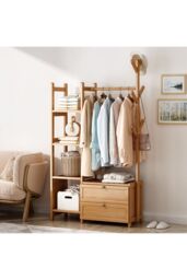 Living and Home Freestanding Bamboo Clothes Rack Garment Rack with Storage Shelves Coat Hanger Hanging Rod in Natural - thumbnail 6