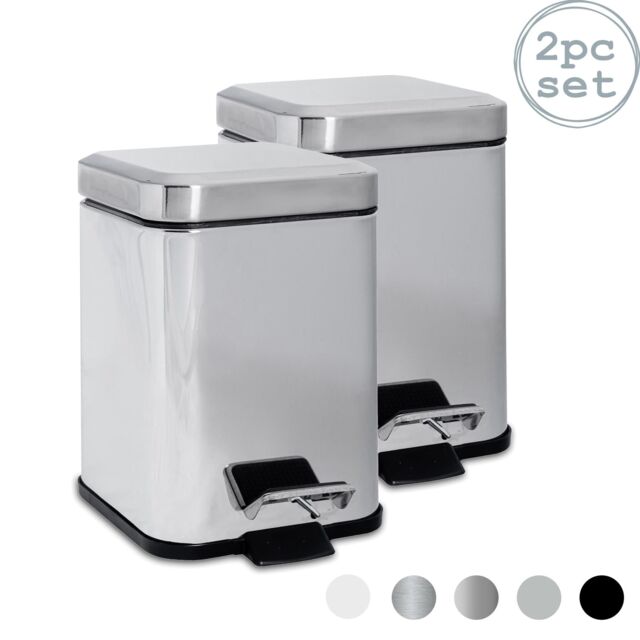 Harbour Housewares 2x Square Bathroom Pedal Bins 3L Stainless Steel Slim Rubbish Dustbin in Silver - image 1