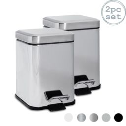 Harbour Housewares 2x Square Bathroom Pedal Bins 3L Stainless Steel Slim Rubbish Dustbin in Silver - thumbnail 1