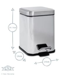Harbour Housewares 2x Square Bathroom Pedal Bins 3L Stainless Steel Slim Rubbish Dustbin in Silver - thumbnail 3