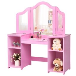 Gymax Kids Vanity Table Makeup Table With Tri-Folding Mirror & Open Shelves in Pink - thumbnail 1