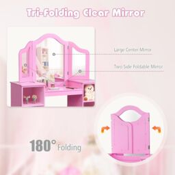 Gymax Kids Vanity Table Makeup Table With Tri-Folding Mirror & Open Shelves in Pink - thumbnail 5