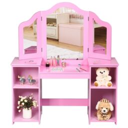 Gymax Kids Vanity Table Makeup Table With Tri-Folding Mirror & Open Shelves in Pink - thumbnail 6