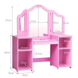 Gymax Kids Vanity Table Makeup Table With Tri-Folding Mirror & Open Shelves in Pink - thumbnail 2