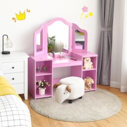 Gymax Kids Vanity Table Makeup Table With Tri-Folding Mirror & Open Shelves in Pink - thumbnail 3