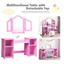Gymax Kids Vanity Table Makeup Table With Tri-Folding Mirror & Open Shelves in Pink - thumbnail 4