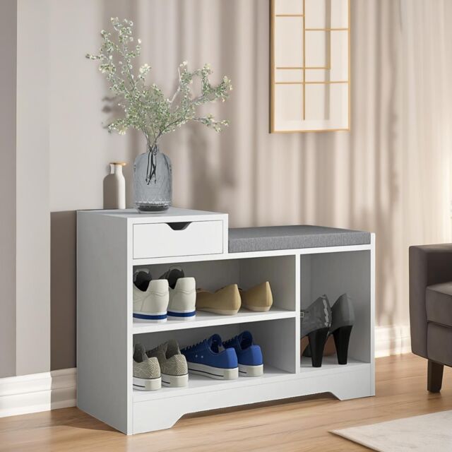 Pirlo Plush Industrial Shoe Storage Bench With 3 Open Shelves in White - image 1