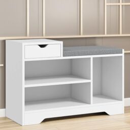 Pirlo Plush Industrial Shoe Storage Bench With 3 Open Shelves in White - thumbnail 3