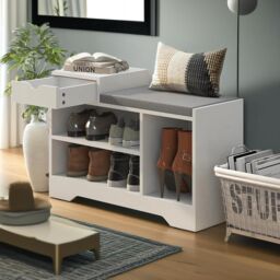 Pirlo Plush Industrial Shoe Storage Bench With 3 Open Shelves in White - thumbnail 4