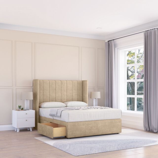 "Sloomy Falcon Coniston Wingback Bed Set, 2 Drawers & 54"" Floor Standing Headboard in Cream - Size: King" - image 1