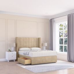 "Sloomy Falcon Coniston Wingback Bed Set, 2 Drawers & 54"" Floor Standing Headboard in Cream - Size: King" - thumbnail 1