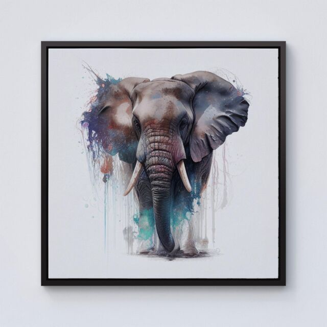 "Warren Reed - Designer Elephant Splashart Framed Canvas in Black - Size: W16"" x H16""" - image 1