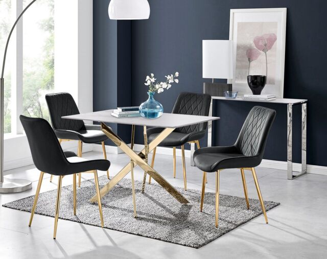 FurnitureboxUK Leonardo White Glass Marble Effect Gold Leg Table & 4 Pesaro Gold Leg Chairs in Black - image 1