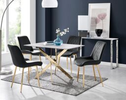 FurnitureboxUK Leonardo White Glass Marble Effect Gold Leg Table & 4 Pesaro Gold Leg Chairs in Black