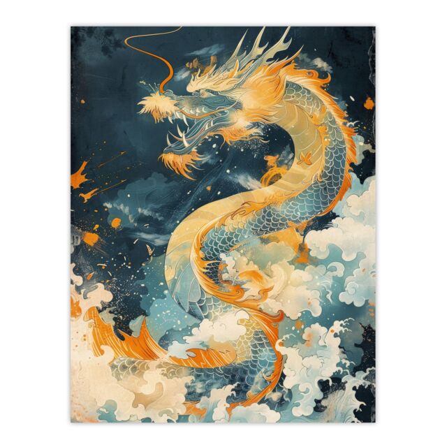 "Artery8 Wall Art Print Japanese Blue Orange Water Dragon Painting Poster - Size: W18"" x H24""" - image 1