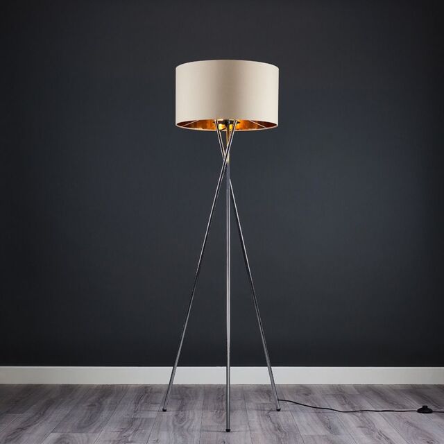 ValueLights Camden Chrome Metal Tripod Floor Lamp with Beige & Gold Lamp Shade - image 1