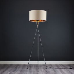 ValueLights Camden Chrome Metal Tripod Floor Lamp with Beige & Gold Lamp Shade