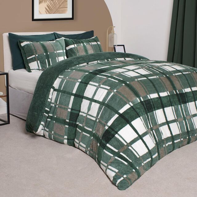 OHS Teddy Fleece Duvet Cover Set Pillowcase Bedding Check in Dark Green - Size: King - image 1