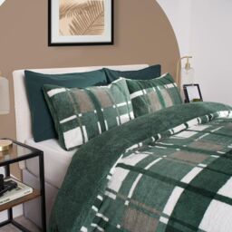 OHS Teddy Fleece Duvet Cover Set Pillowcase Bedding Check in Dark Green - Size: King - thumbnail 2