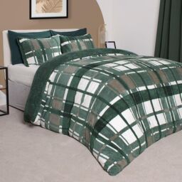 OHS Teddy Fleece Duvet Cover Set Pillowcase Bedding Check in Dark Green - Size: King