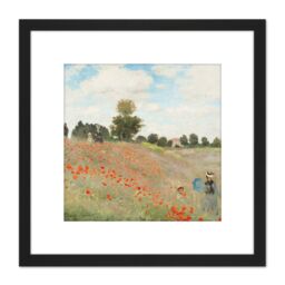 Artery8 Claude Monet Poppy Field With People 8X8 Inch Square Wooden Framed Wall Art Print Picture with Mount in Black - thumbnail 1